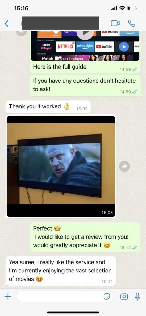 Verified customer WhatsApp testimonial for WorthyStream IPTV
