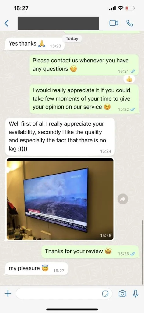 Verified customer WhatsApp testimonial for WorthyStream IPTV