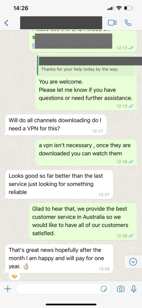 Verified customer WhatsApp testimonial for WorthyStream IPTV